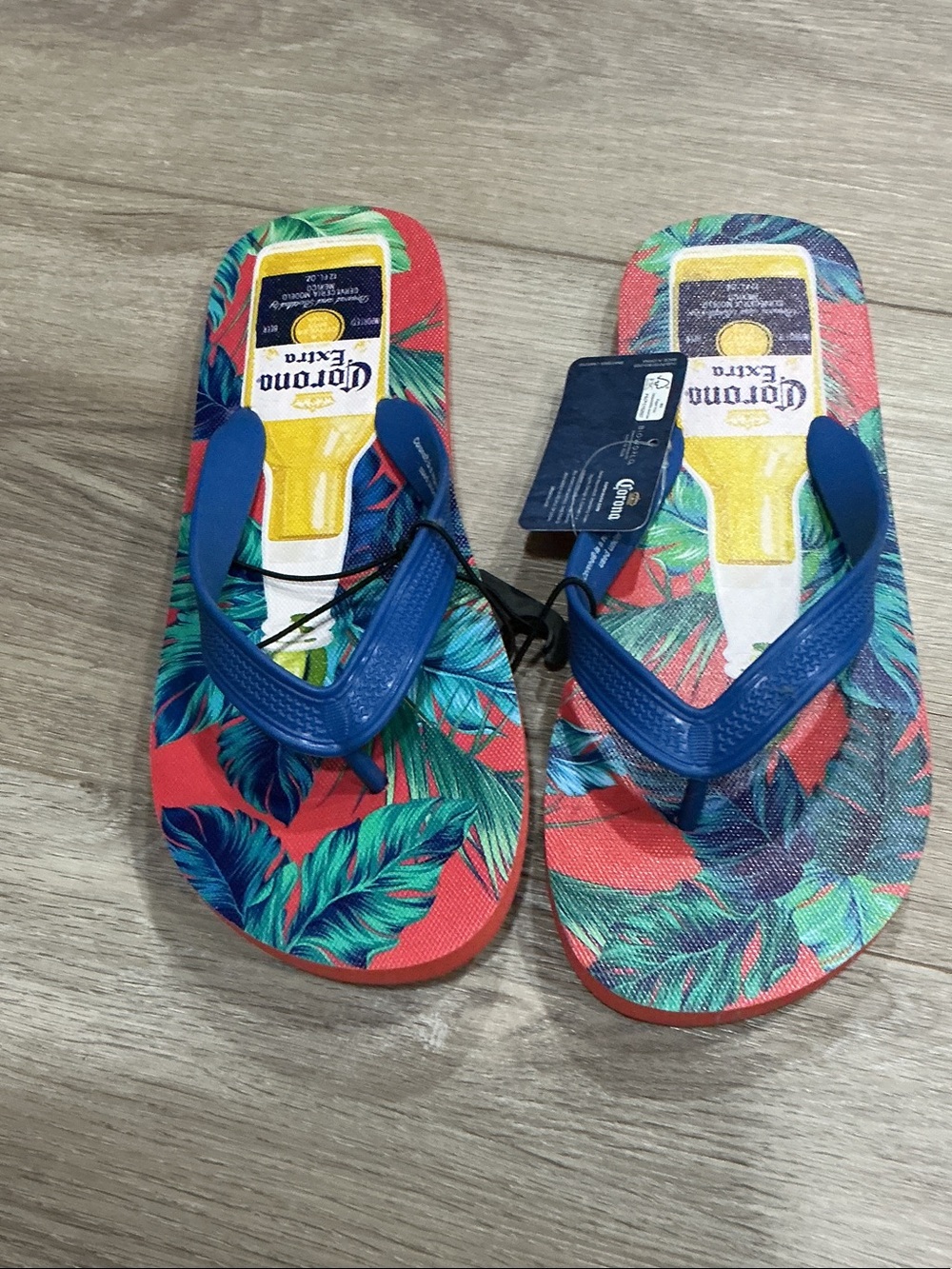 Corona Kids Coral Flip Flops with Blue Straps and Tropical Print